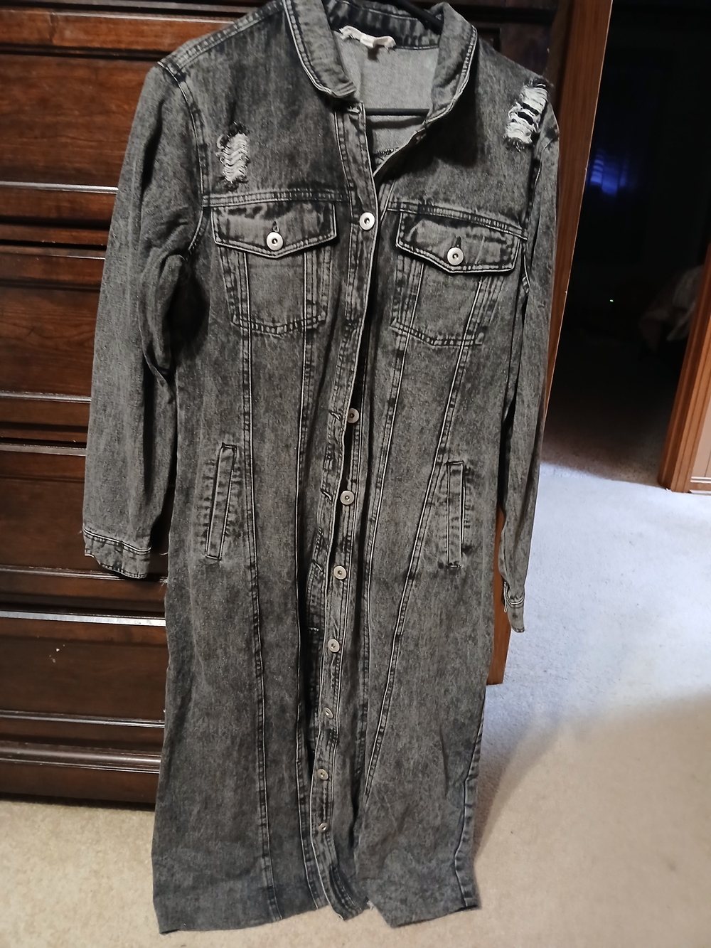 Long Black Washed Denim Trench Coat